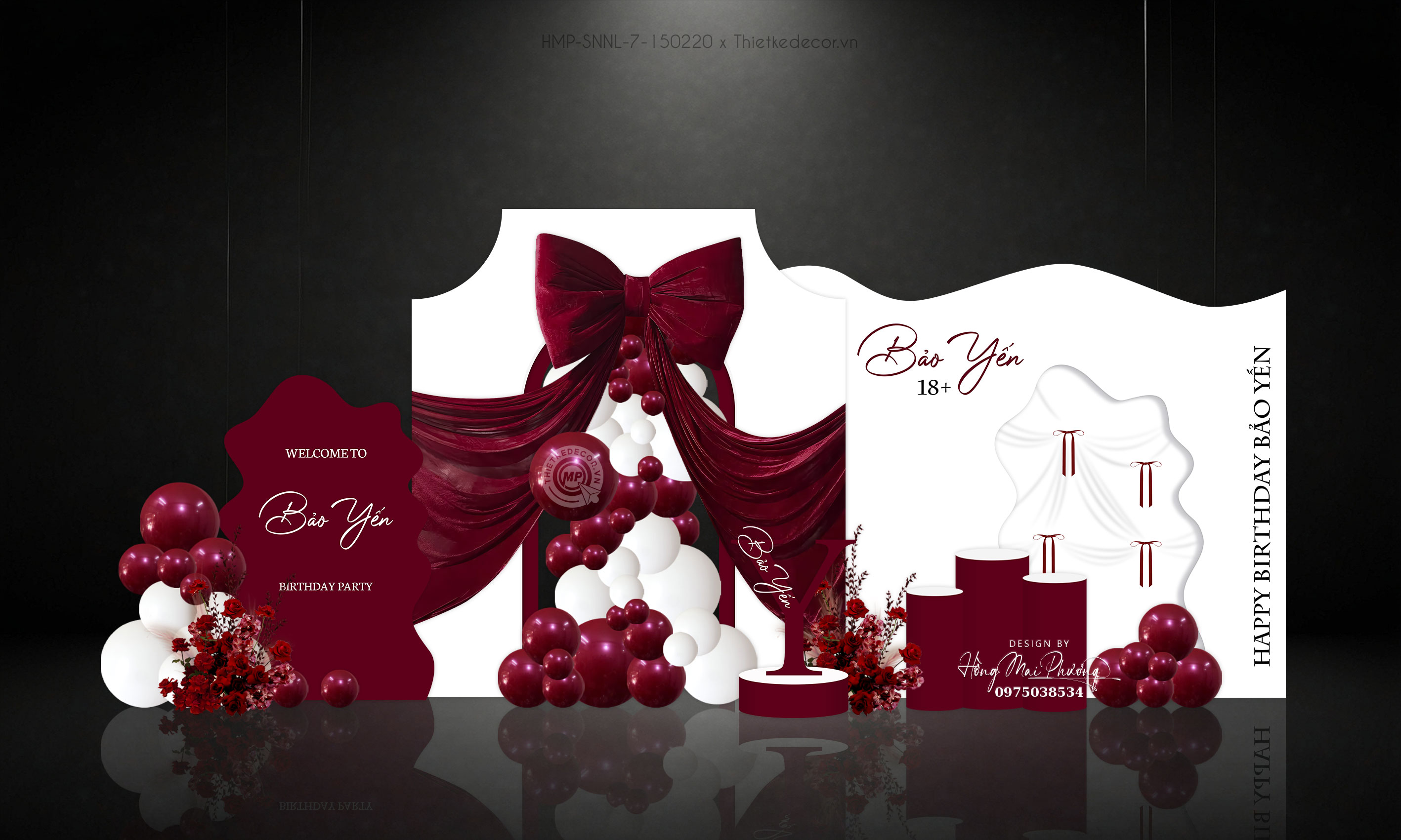 Backdrop sinh nhật người lớn tone đỏ luxury gắn nơ khổng lồ